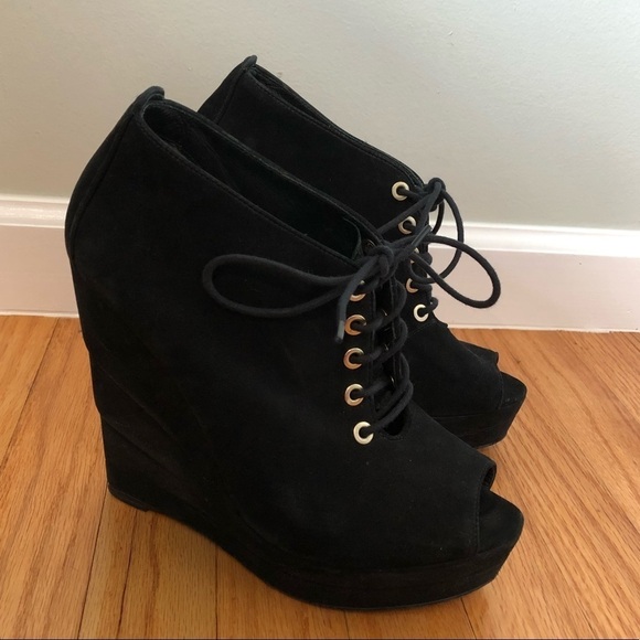 Diane Von Furstenberg Payton Black Wedge Boots Peep Toe Lace Up Black Su… - Picture 1 of 10